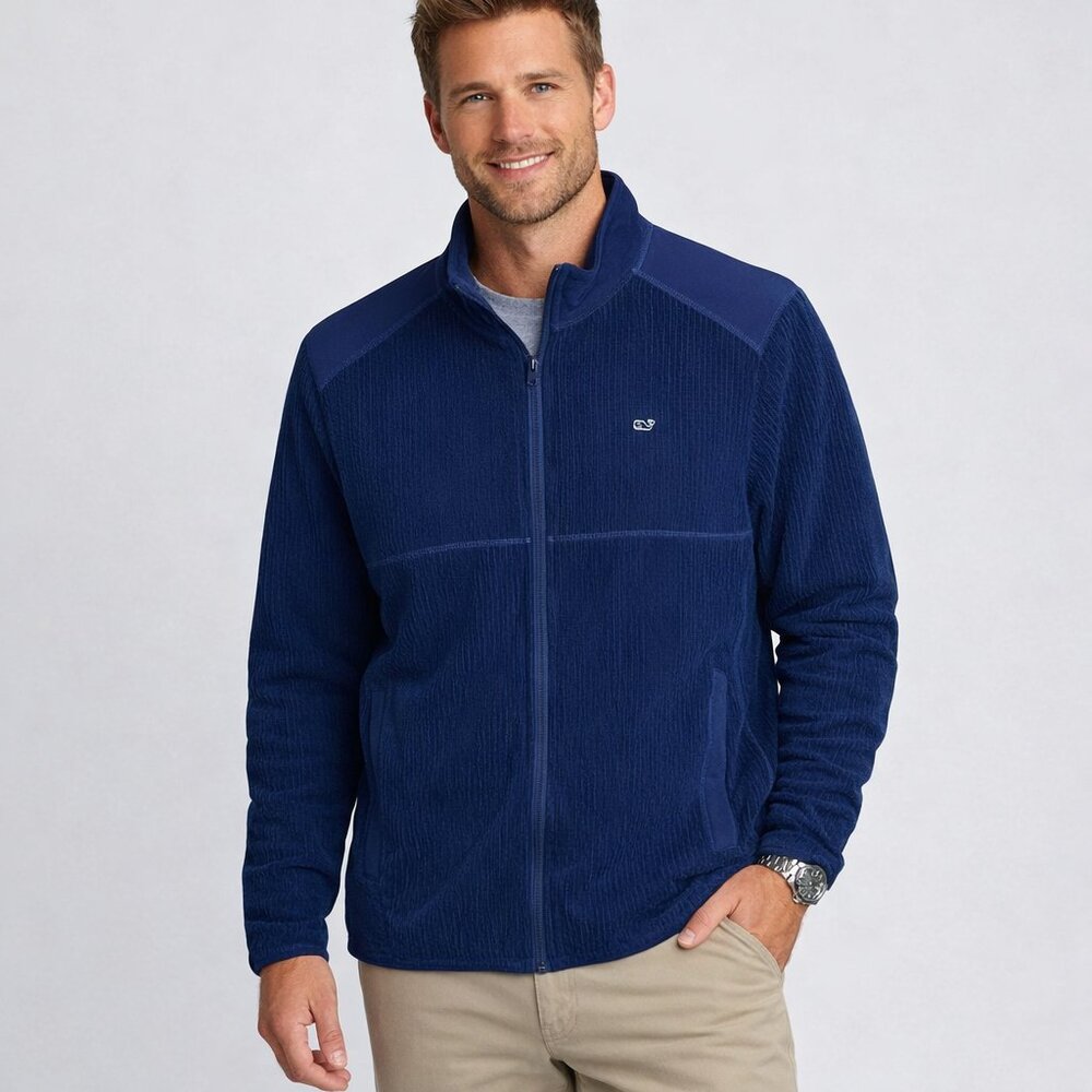 Vineyard Vines Grid Fleece Full Zip Long Sleeve Stretch Blue Navy Men’s‎ Large L